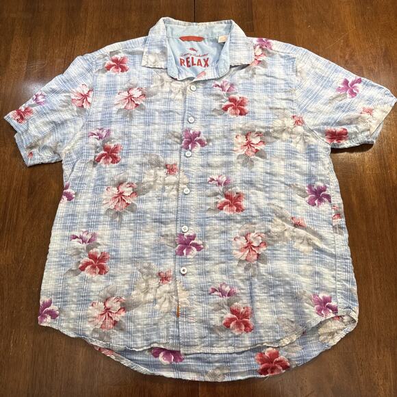 Tommy Bahama Relax Short Sleeve Button Up Linen and Cotton Men's Large Floral - Picture 1 of 9